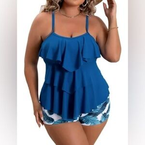 Plus size Tankini Tummy Suit Ruffled Flounce Swimwear with Shorts